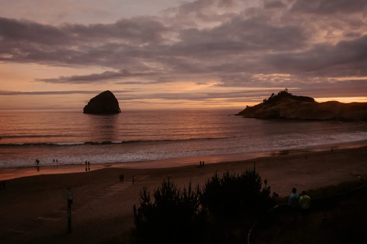 Haystack Rock at Cannon Beach at sunset.