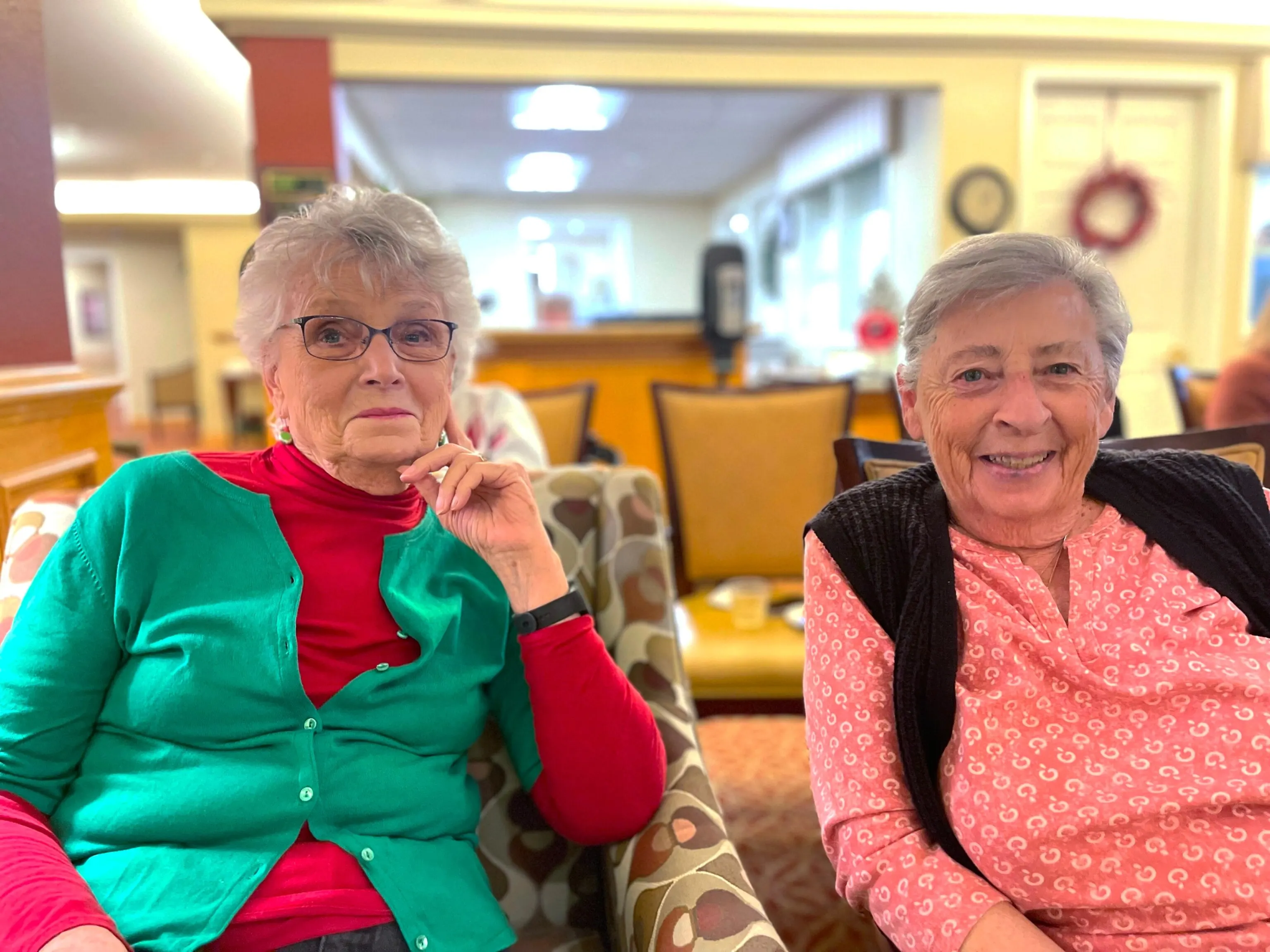 PHOTO: Joan Harris, left, and Mary Grace Tassone are pictured at Atria Senior Living in Grass Valley, California.