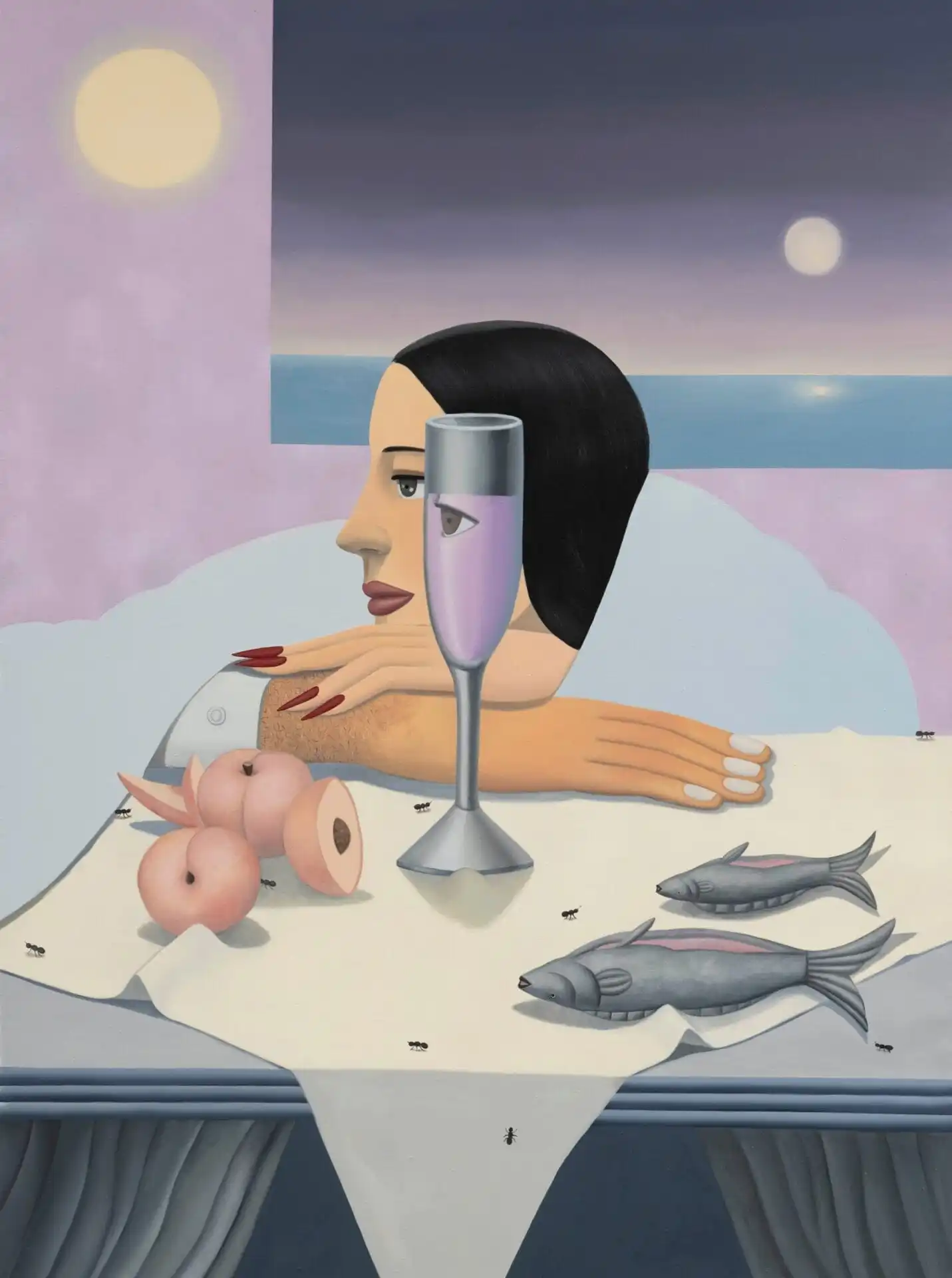 a painting of a figure resting on a dinner table with fish, peaches, and a champagne flute with purple liquid and an eye inside it