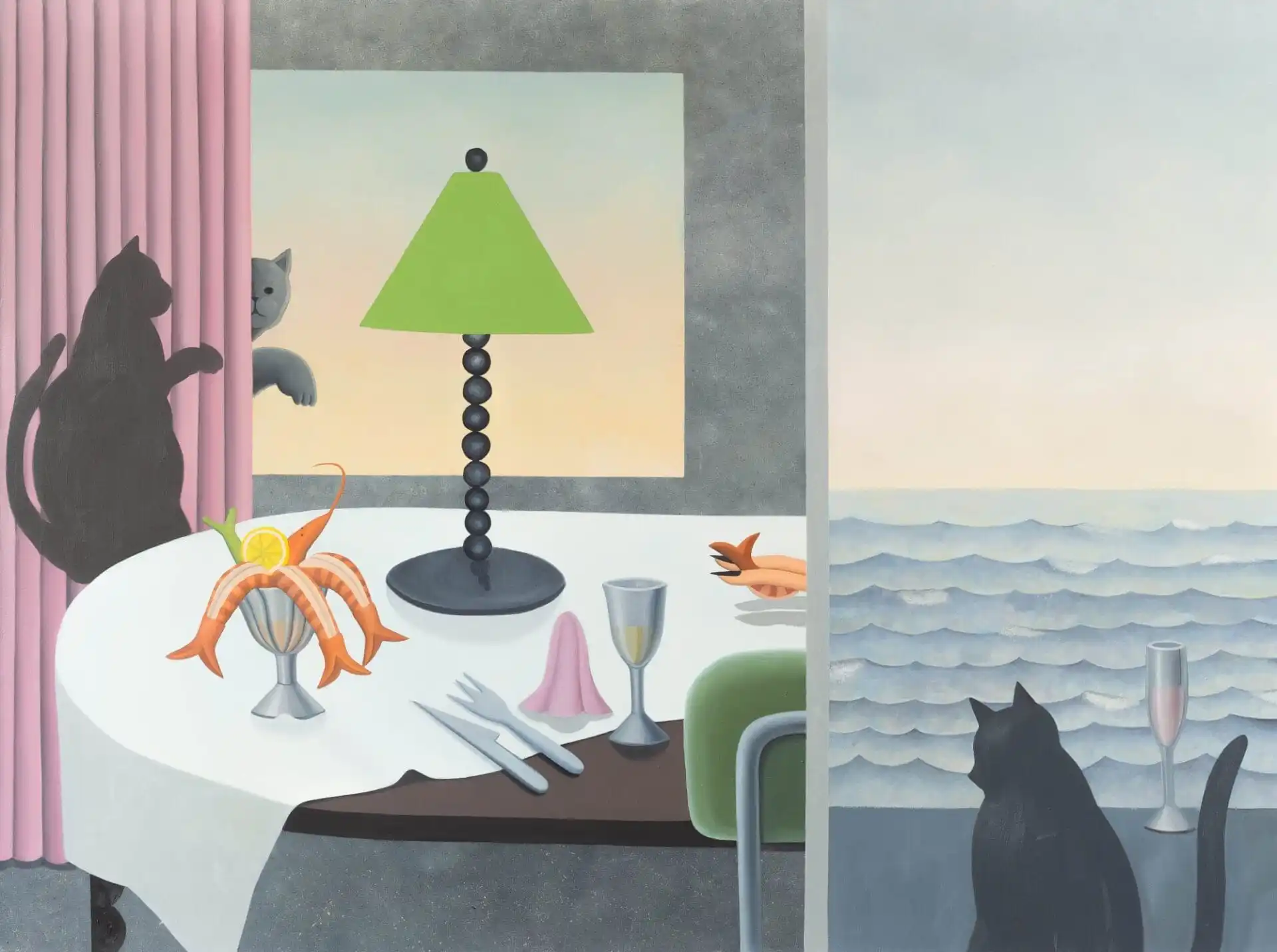 a tablescape with a green lamp, shrimp cocktail, and cutlery. a cat peeks behind a pink curtain in the backdrop. another cat sits near a champagne flute looking out at rippling waves on the right