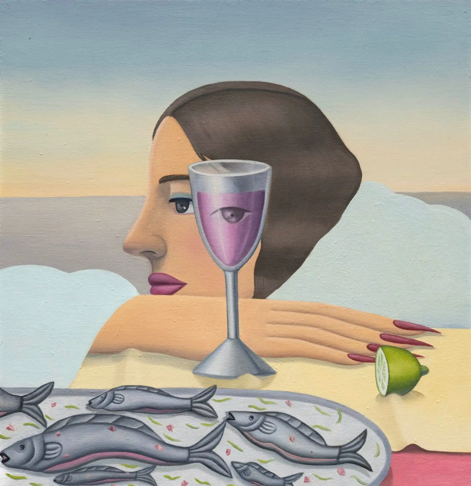 a painting of a woman resting her hand and hand on a table with a plate of fish in front of her, plus half a lime, and a glass with purple liquid and an eye inside of it