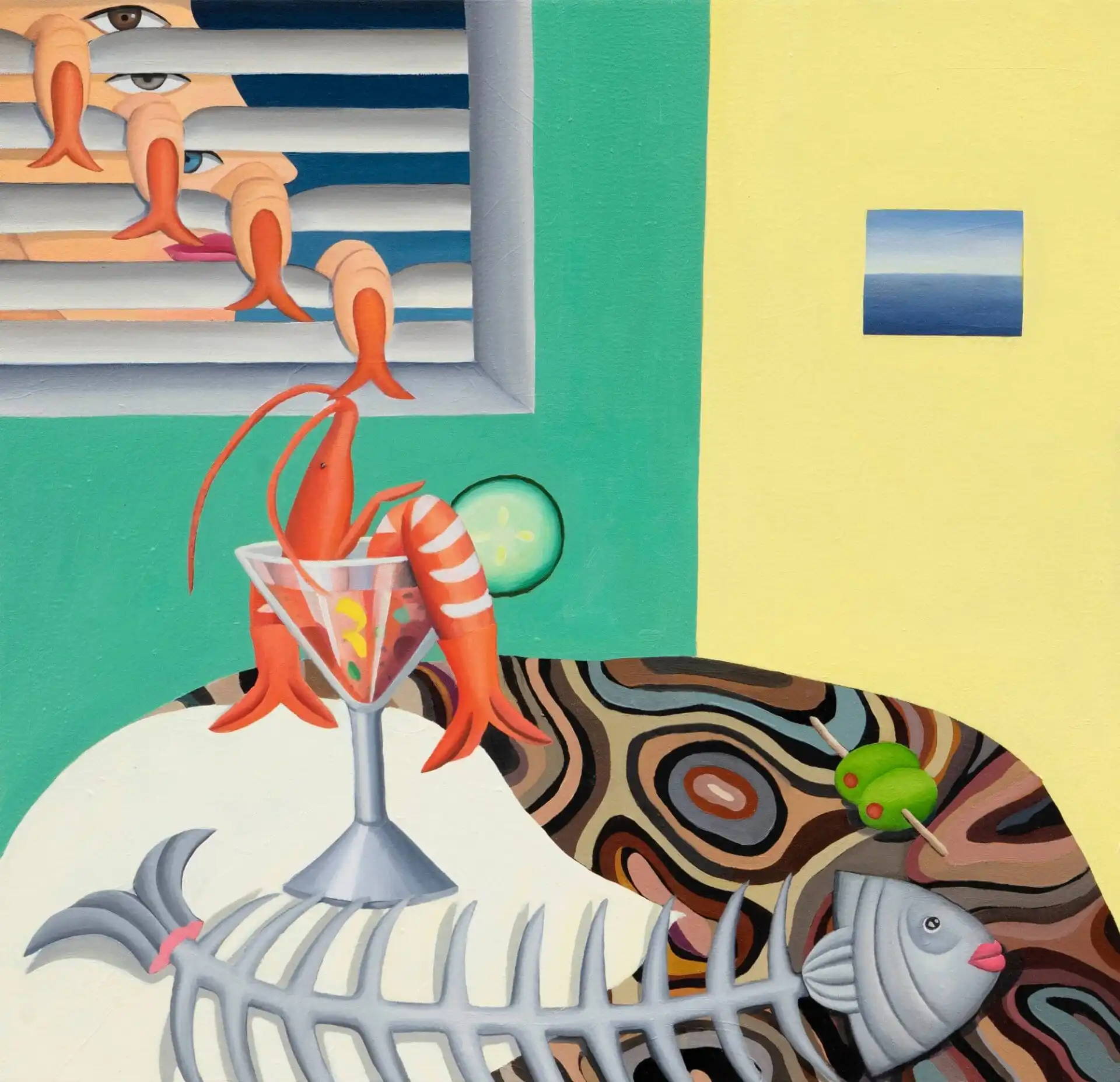 a painting of a table with two olives on a toothpick, a fish head with bone, and shrimp in a cocktail glass. A person peeks through the blinds in the background with fingers that resemble shrimp tails