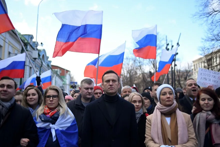 February 29, 2020: Russian opposition leader Alexei Navalny, his wife Yulia, opposition politician Lyubov Sobol and other demonstrators march in memory of murdered Kremlin critic Boris Nemtsov in downtown Moscow on