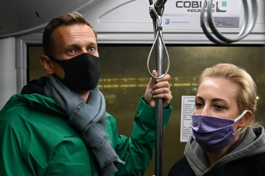 January 17, 2021: Russian opposition leader Alexei Navalny and his wife Yulia ride on a bus to a terminal of Moscow’s Sheremetyevo airport. Navalny returns to Russia from Germany, facing imminent arrest. The 44-year-old  is flew back to Moscow after spending months in Germany recovering from a poisoning that he said was carried out on the orders of Pres. Vladimir Putin.