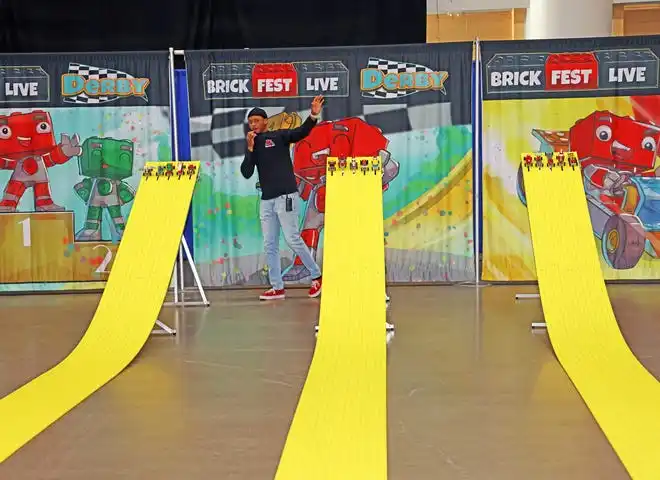 Kid-built cars are ready to race at Brick Fest Live featuring life-sized models made from Legos, hands-on activities, and a meet-and-greet with Manny from the 