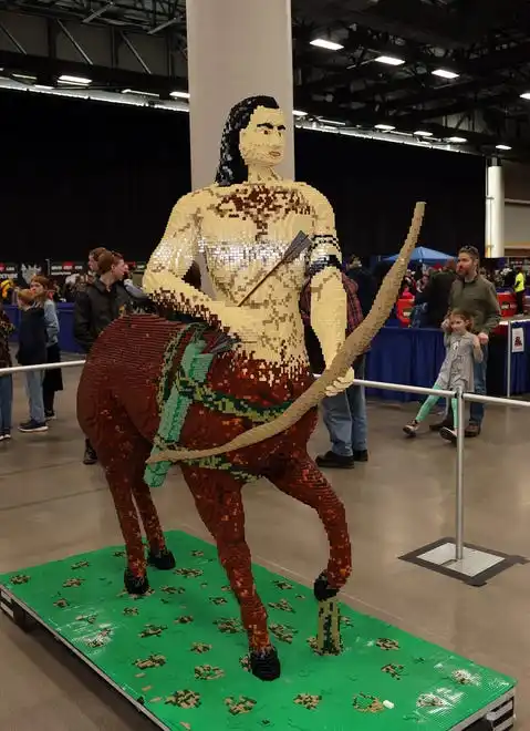 The centaur is on display at Brick Fest Live featuring life-sized models made from Legos, hands-on activities, and a meet-and-greet with Manny from the 