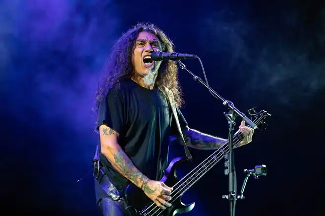 Lead vocalist and bassist Tom Araya of US metal band Slayer performs during their concert at the Papp Laszlo Budapest Sports Arena in Budapest, Hungary on June 11, 2019.