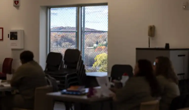 View of trees from the window in a prison visitation room.