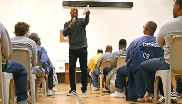 Darryl Strawberry, a former Major League Baseball right-fielder who is an ordained minister, speaks with 148 incarcerated men at the Roxbury Correctional Institution. After sharing some of the challenges in his life including recovering from substance abuse, surviving cancer and serving time in jail. At the end of his talk he took questions and prayed with the men. (Kim Hairston/Staff)