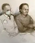 A court artist’s sketch of Joshua Jacques sitting next to a security man wearing a mask