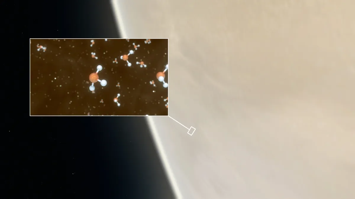 An artist's impression of Venus, inset showing a representation of phosphine molecule. Credit: ESO / M. Kornmesser / L. Calçada & NASA / JPL / Caltech