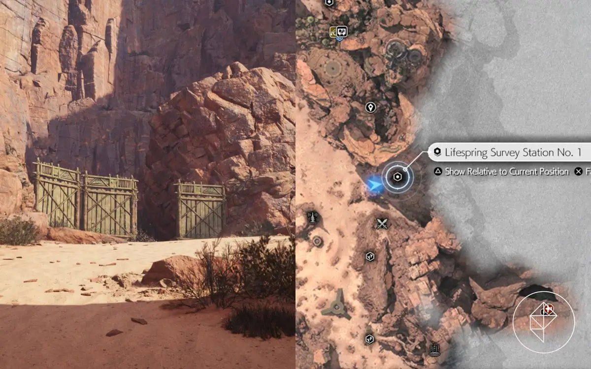 A map showing where to find lifespring survey station 1 with a gate to it in FF7 Rebirth’s Cosmo Canyon