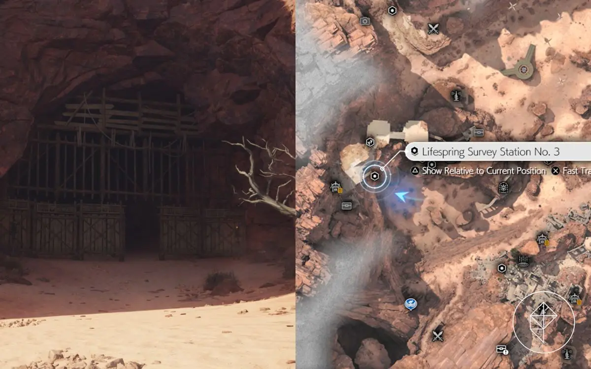 A map showing where to find lifespring survey station 3 with a gate to it in FF7 Rebirth’s Cosmo Canyon