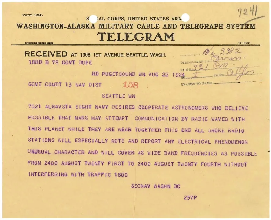 A telegram sent asking for cooperation in the search for alien life. A telegram sent asking for cooperation in the search for alien life.