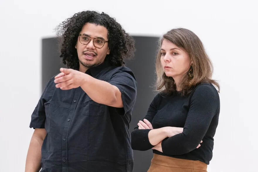 Kahlil Robert Irving and Meredith Malone, curator at the museum, facilitate the installation of Irving’s upcoming exhibition “Archaeology of the Present” on Friday, Feb. 16, 2024 at the Mildred Lane Kemper Art Museum at Washington University in St. Louis. The exhibition will open to on February 23 and run through July 29.