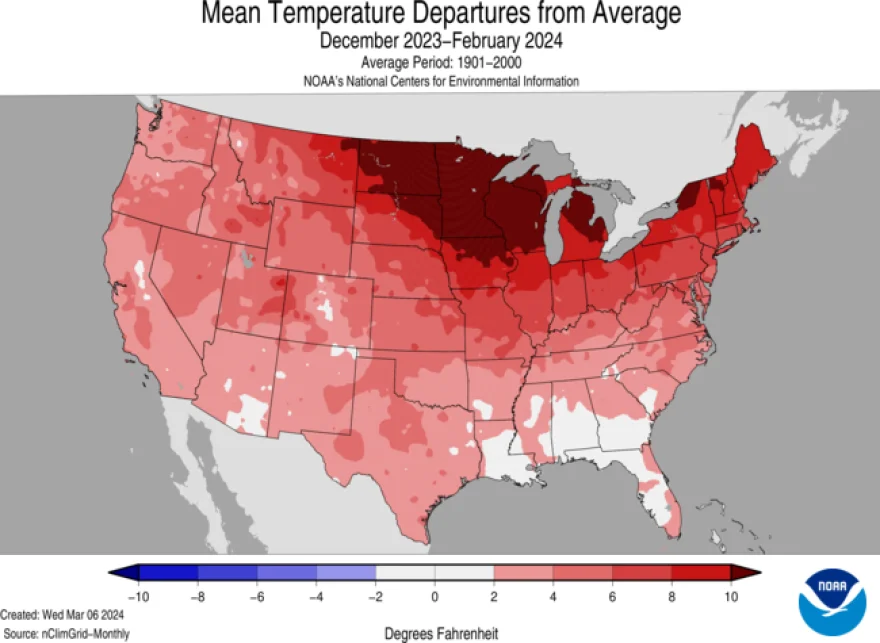 a map of the continental US shows mean temperature departures from average for Dec. 2023-Feb.2024, with warmest in dark red.