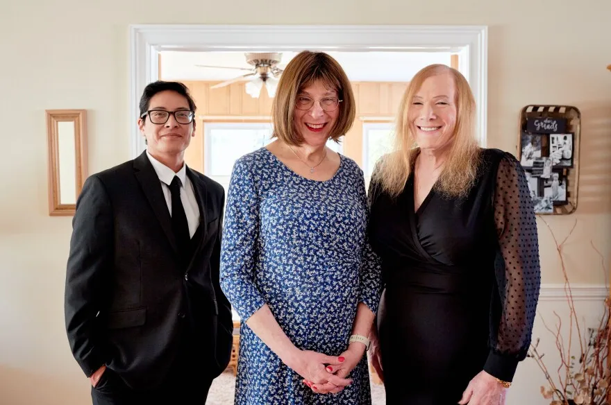 (From left to right) Portrait of Patrick Buenaventura, Bernie Wagenblast, and Nicole Brownstein, wearing their award ceremony attire at Wagenblast’s house in Cranford, NJ, on Monday, Feb. 19, 2024.