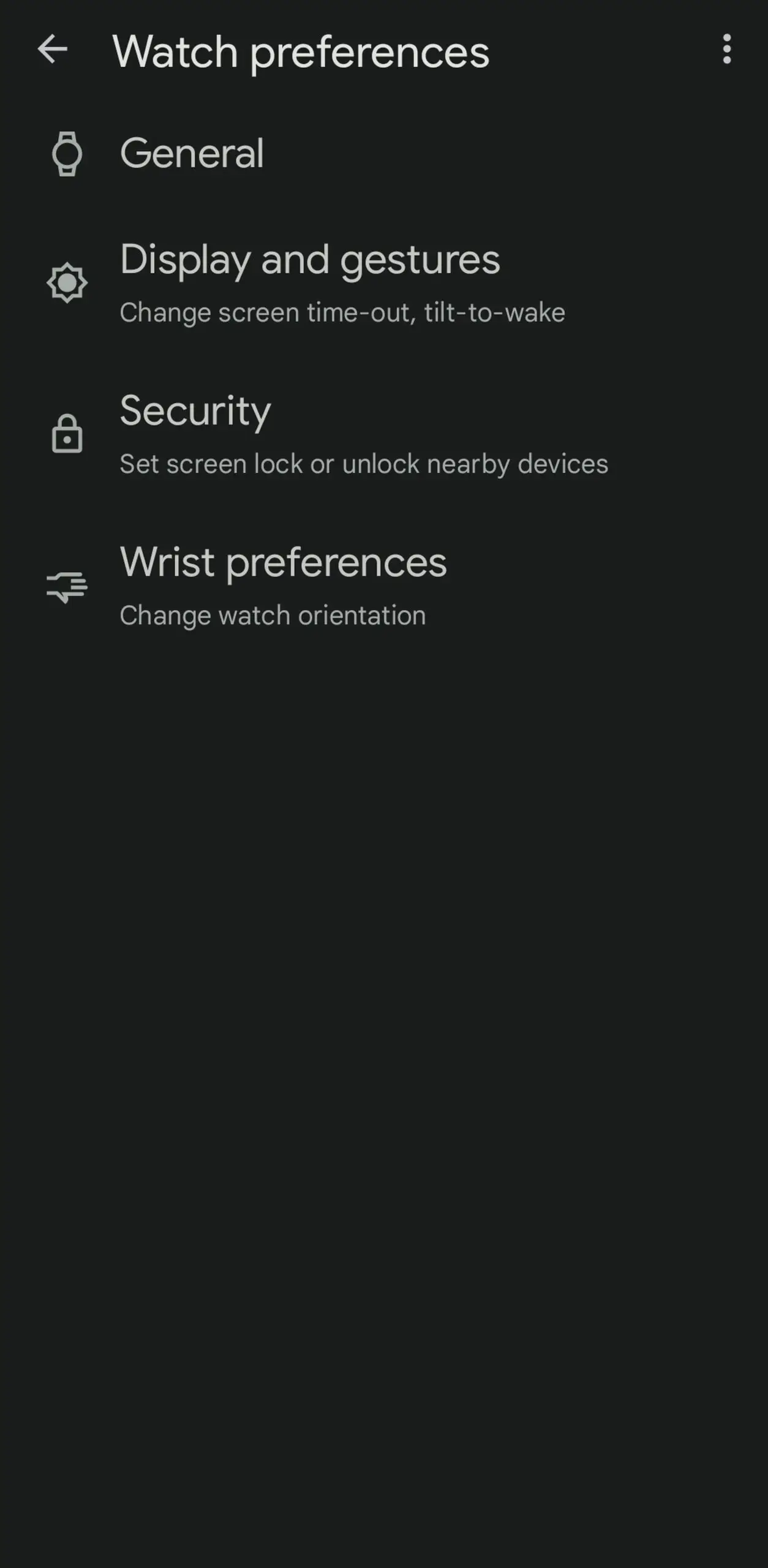 Watch preferences screen with listing of General, Display and gestures, Security, Write preferences