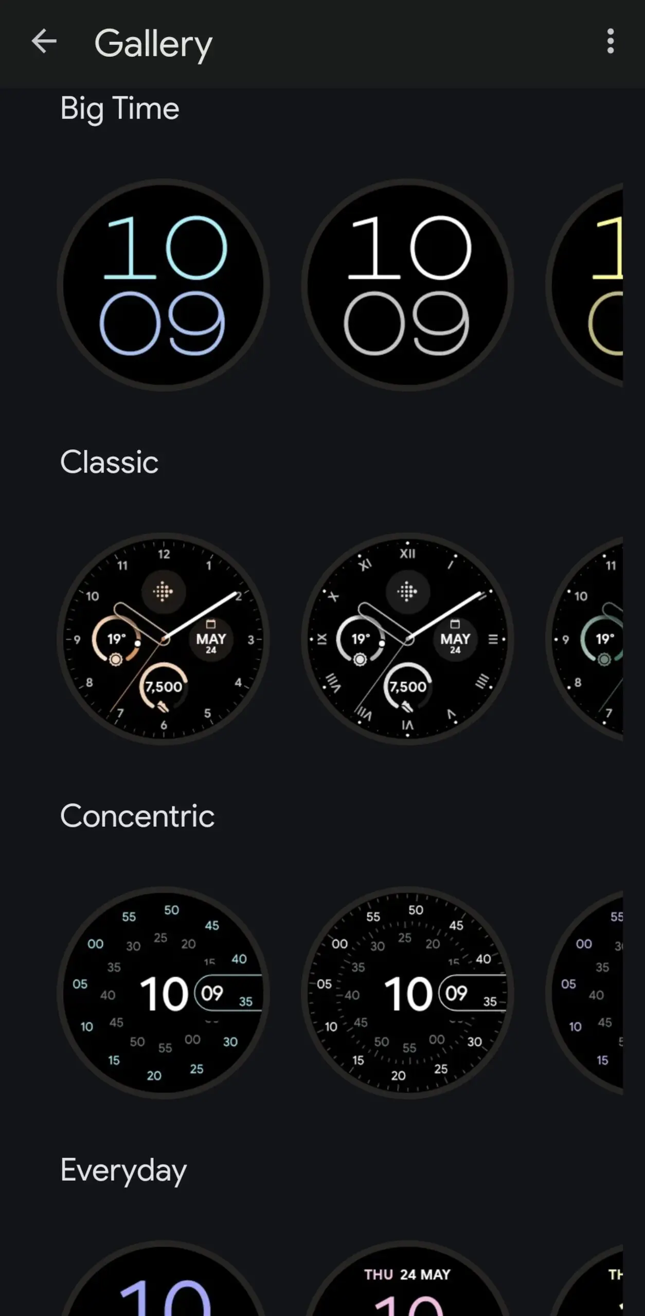 Gallery page with different watchfaces on it, including Big Time, Classic, and Concentric.