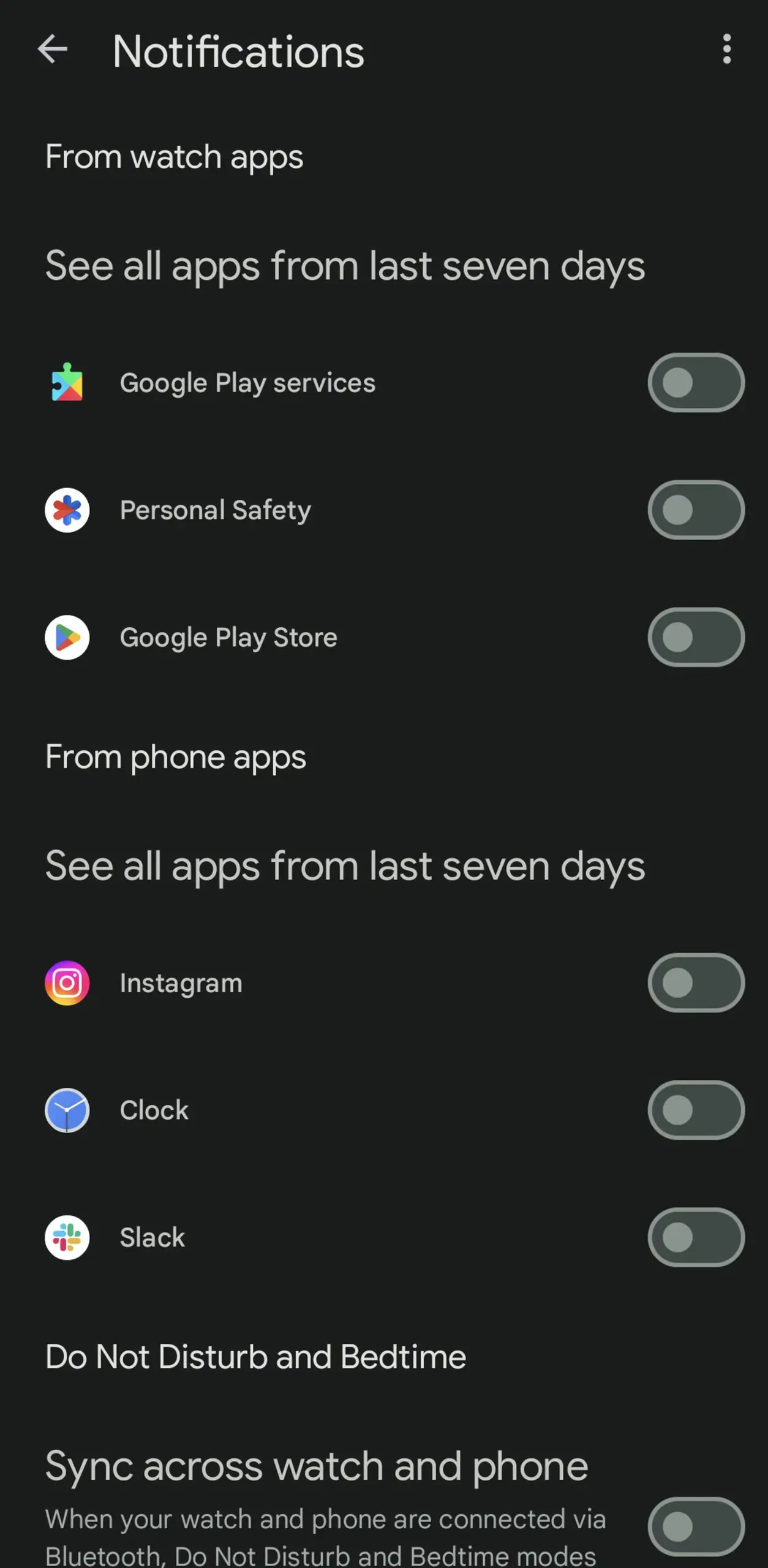 Notifications screen with lists of various watch apps.