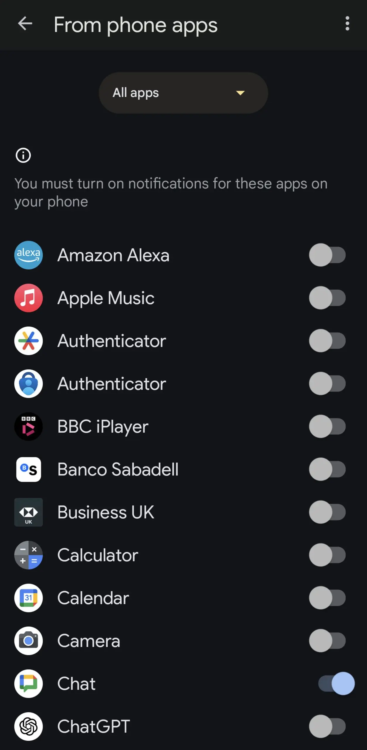 Page headed From phone apps with list of apps below with toggles to turn notifications on or off.