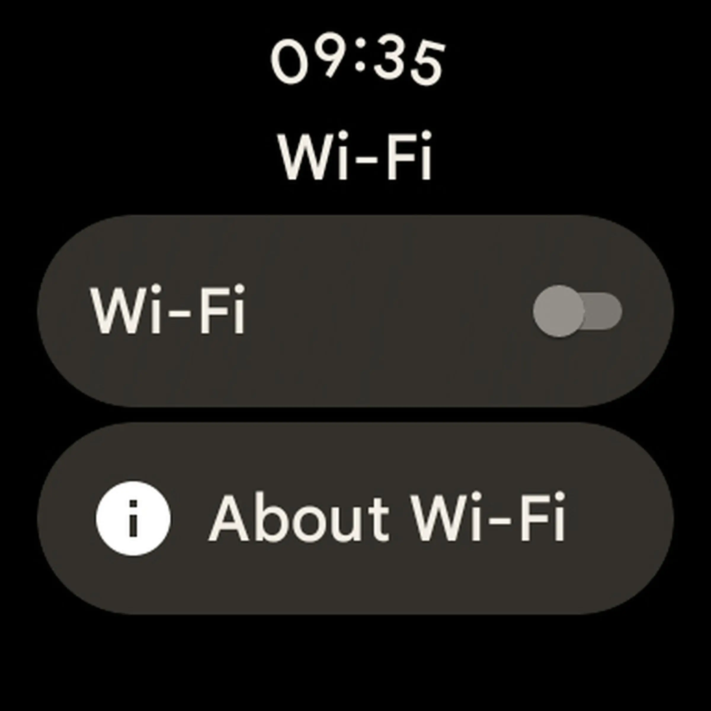 Watch screen with toggle to turn Wi-Fi on or off.