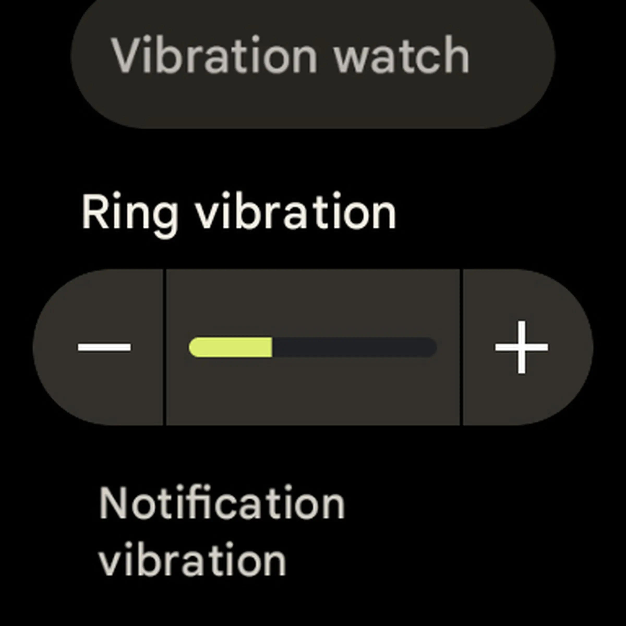 Watch screen headed Vibration watch with ring vibration turned off.