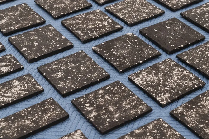 Tiles, belonging to a “Soul on Stars (******),” are laid out on a table during installation of Kahlil Robert Irving’ upcoming exhibition “Archaeology of the Present” on Friday, Feb. 16, 2024 at the Mildred Lane Kemper Art Museum at Washington University in St. Louis. The exhibition will open to on February 23 and run through July 29.