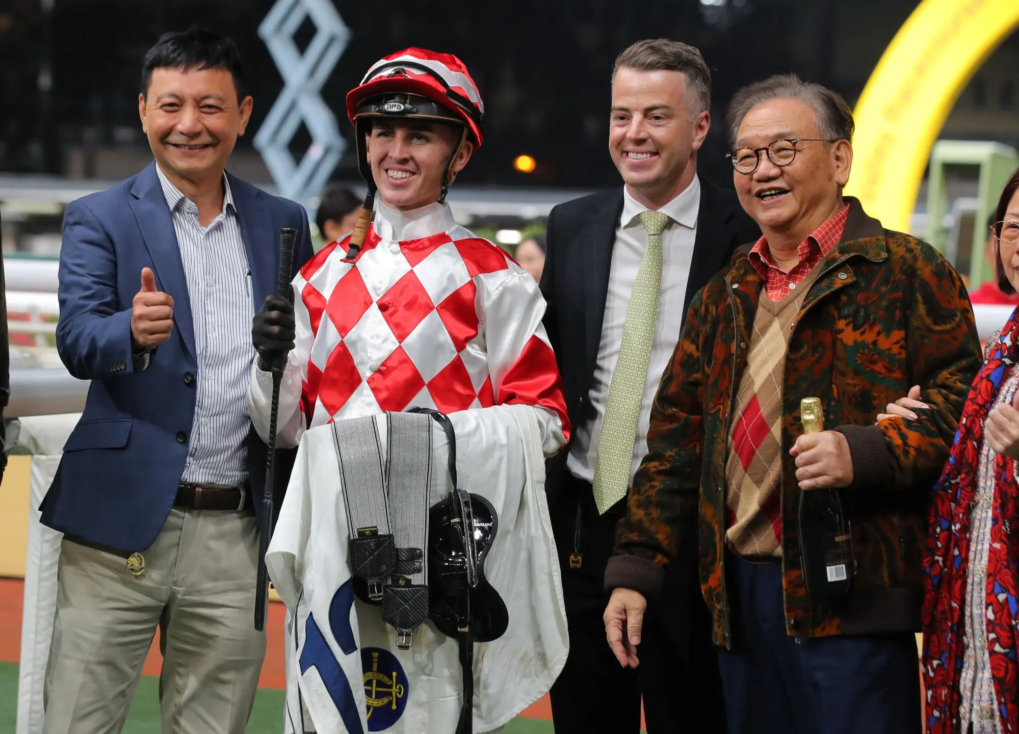 Jockey Ben Thompson, trainer Jamie Richards and connections of Courier Magic celebrate the gelding’s Happy Valley win. Jockey Ben Thompson, trainer Jamie Richards and connections of Courier Magic celebrate the gelding’s Happy Valley win.
