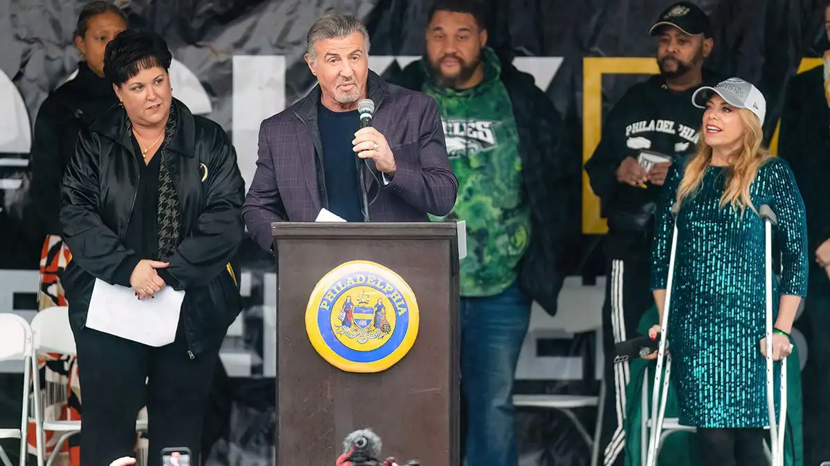 Sylvester Stallone speaks to the crowd on 