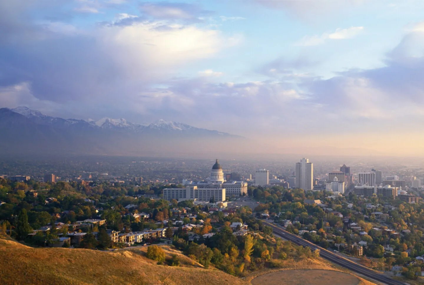 View of Salt Lake City skyline with mountains in the background