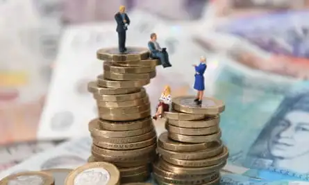 Models of men and women on a pile of coins and bank notes