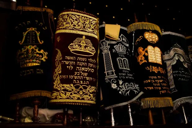 Torah scrolls in the ark of Em Habonim Synagogue of Casablanca, Morocco.