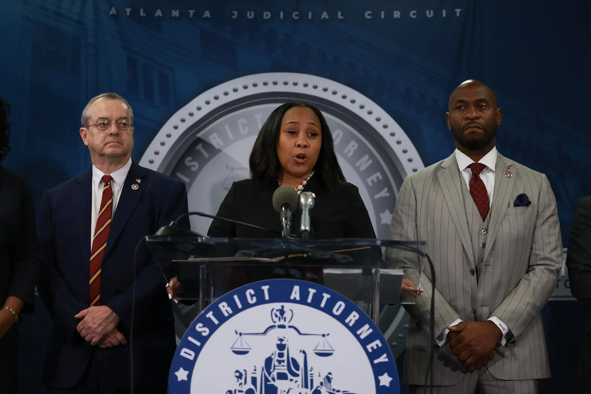 Fulton County District Attorney Fani Willis giving a news conference, on the day in August 2023 when former president Donald Trump was indicted in the 2020 Georgia election case. Photo: Getty Images image