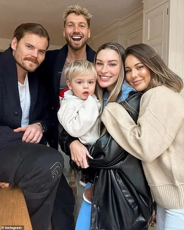 Louise has been extremely open about her debilitating health issues after she nearly died while giving birth in 2021 (pictured with fiancé Ryan (left), son Leo (middle), brother Sam Thompson (top centre) and Sam’s girlfriend Zara McDermott (centre right)