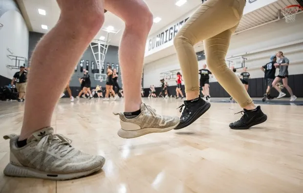 Students practice a choreographed dance to the Knights That Never Die song as they audition to be UCF’s mascot Knightro at The Venue Orlando, Fla., Saturday, April 6, 2024. (Willie J. Allen Jr./Orlando Sentinel)