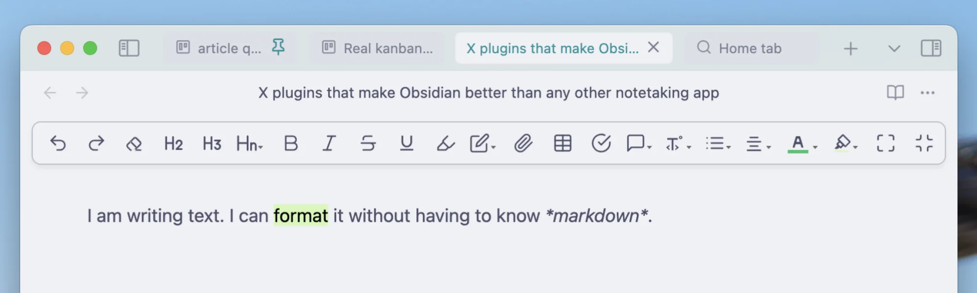 There's a toolbar at the top of the window with standard formatting tools: undo, redo, headlines, bold, italic, strikethrough, underline, highlight, and more.
