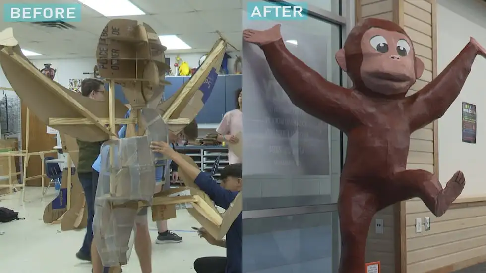 China Spring art students used a variety of materials to create a giant Curious George sculpture