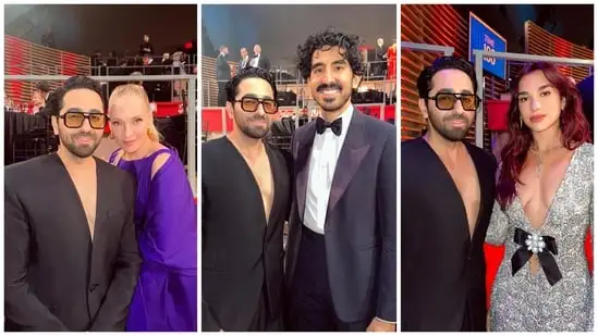 Ayushmann Khurrana poses for pictures with Uma Thurman, Dev Patel and Dua Lipa. Ayushmann Khurrana poses for pictures with Uma Thurman, Dev Patel and Dua Lipa.
