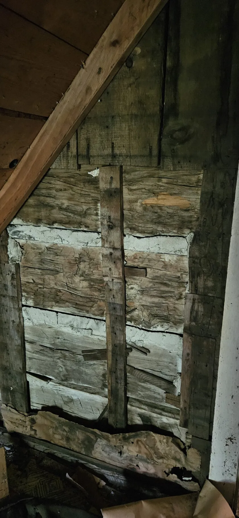 This interior view shows the upstairs logs in place in the cabin.
