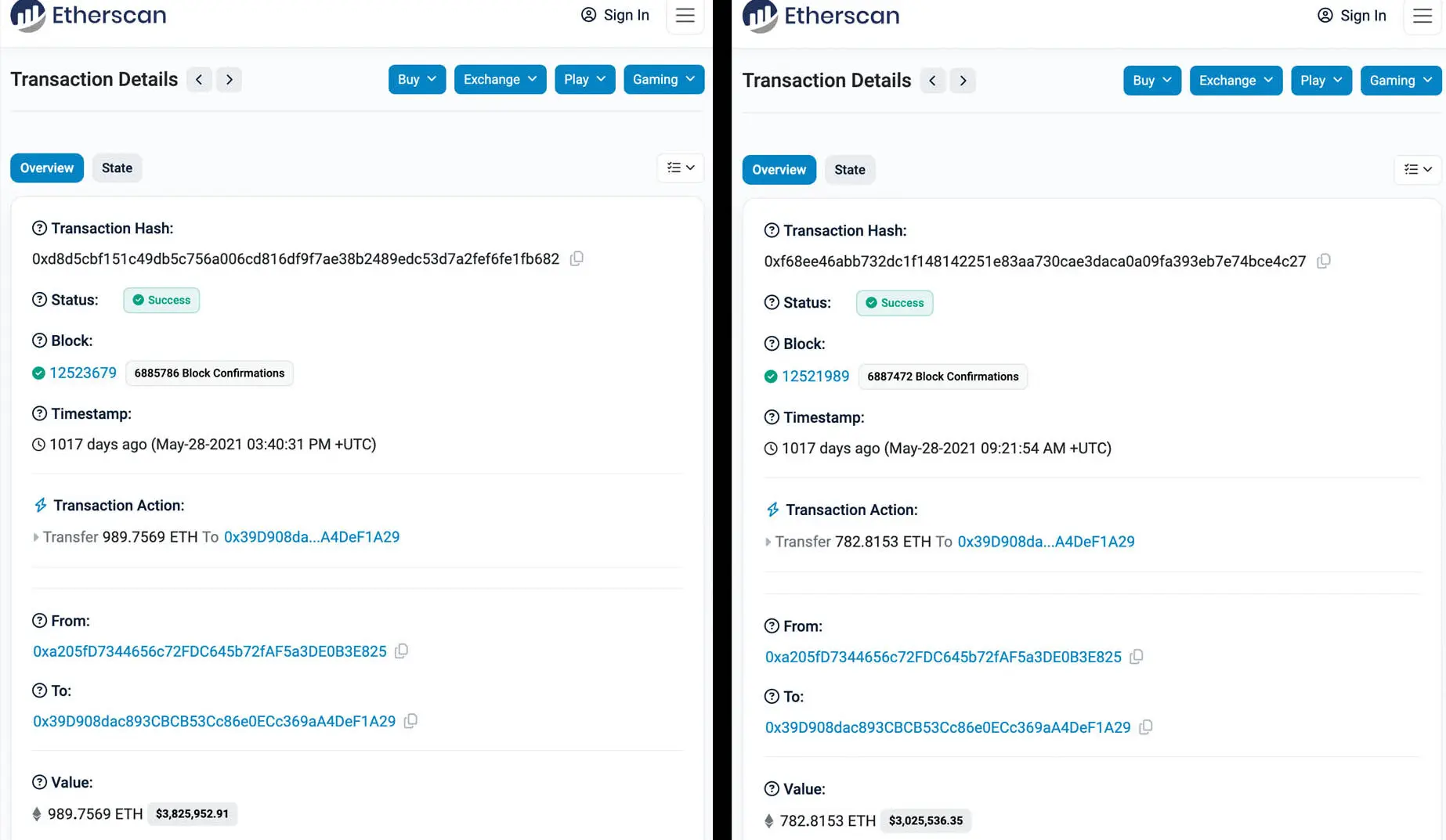 Screenshots from the Etherscan website showing details of the two transactions.