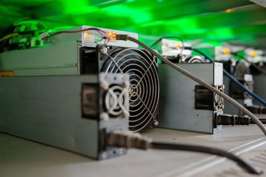 A row of computer equipment on a shelf with green LED lights.