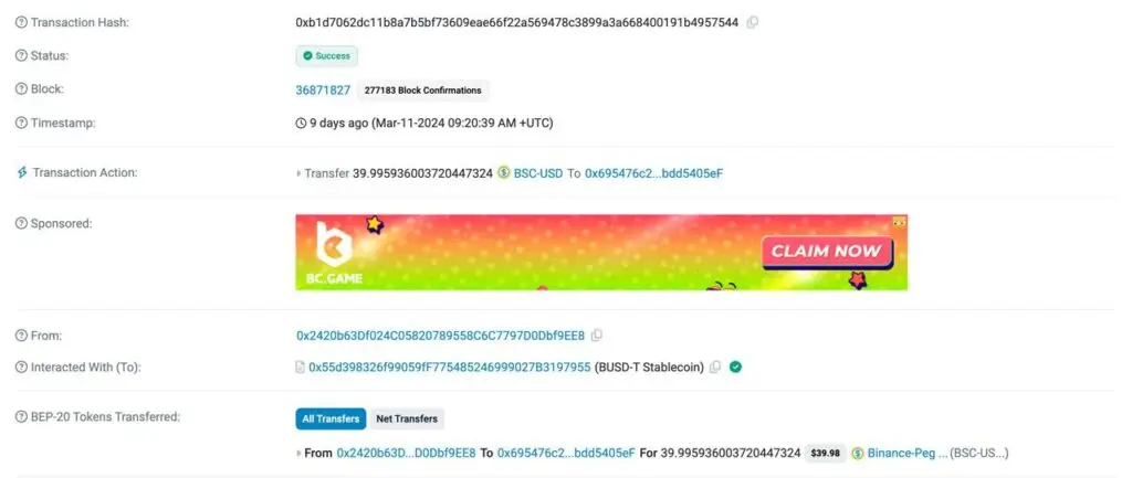 transaction details on a blockchain explorer