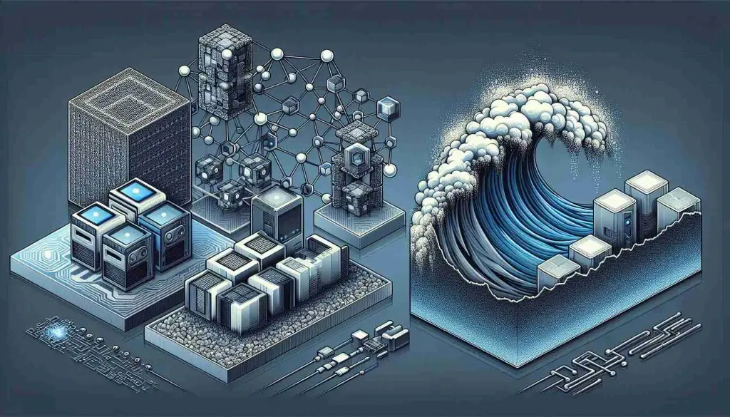 A high-definition, realistic image showing the concept of 'Quantum Threat: Protecting Blockchain from the Next Wave of Supercomputers'. Include scenes depicting bits of a blockchain, represented by interconnected blocks and chains. Also, create the illustrations of supercomputers, with minimalistic design and a futuristic feel. There's also an impending wave, symbolizing the quantum threat, looming over the supercomputers and blockchain. Use a color palette consisting of cool, tech-inspired hues, such as gray, cobalt blue, and jet black.