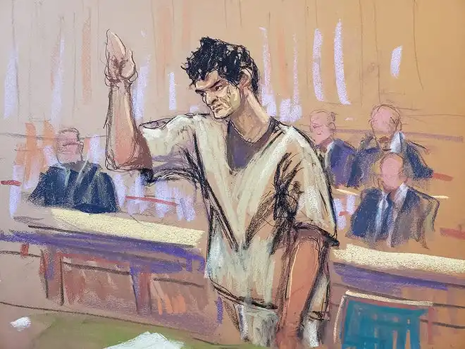 Sam Bankman-Fried, the jailed founder of bankrupt cryptocurrency exchange FTX, is sworn in as he appears in court for the first time since his November fraud conviction, at a courthouse in New York, U.S. on Feb. 21, 2024 in this courtroom sketch.