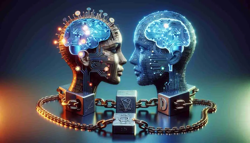 A high-definition, realistic representation of the metaphorical concept of Artificial Intelligence and Blockchain technology synergizing. The image showcases two abstract entities, one representing A.I with symbols like a brain, circuit patterns, and the other representing Blockchain with interconnected blocks, chains, or a ledger. They are personified to depict a 'love story', implying their complimentary roles in shaping the future of technology. This portrayal expresses their harmony and symbiotic relationship as they jointly contribute towards tech progress.