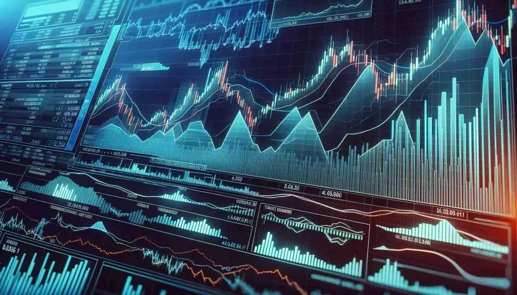 Generate a high-resolution, realistic image of a professional stock market graph. The graph is displaying an upward trend in the value of a fictional company named 'Quantum Blockchain Technologies'. The trading volume on this stock is erratic and varies significantly. Include indicators such as candlestick patterns, volume bars, and trend lines for a detailed and comprehensive representation.