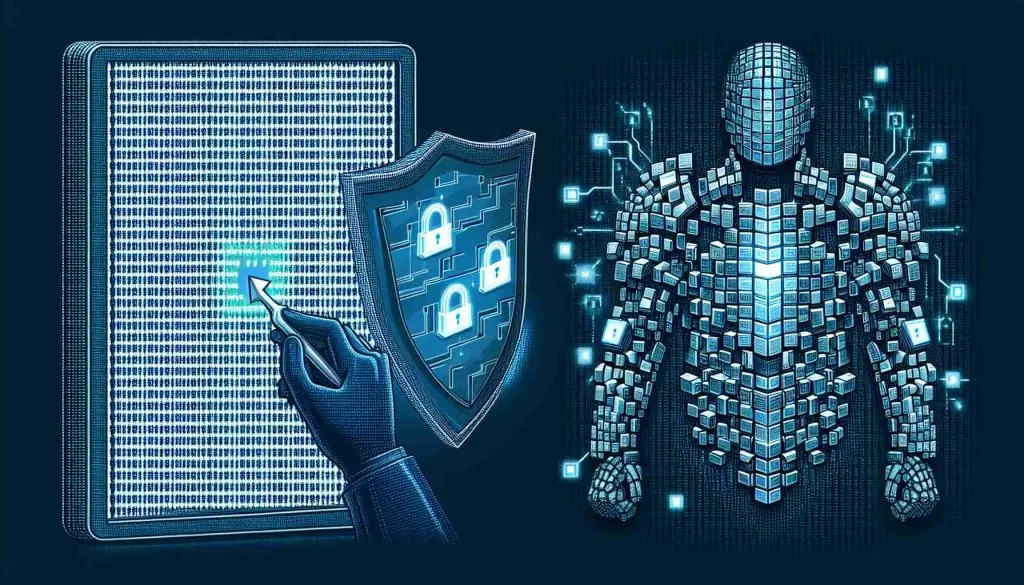 Illustration of a digital concept: a complex code being deciphered signifying cybersecurity, showcased alongside a progressively forming armor made out of digital blocks, symbolizing blockchain technology. The image should convey the idea that blockchain could be a significant enhancement in cybersecurity, creating a digital armor. Emphasize on high resolution and realism for an engaging picture.