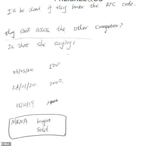 Jian Wen took meticulous notes in a Wallace and Gromit notebook showing what was bought and sold in terms of crypto. In this one she said 'I'll be dead if they broke the BTC code' - BTC is a reference to Bitcoin