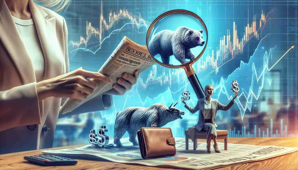 Generate a realistic, high-definition image illustrating the concept of understanding the high risks involved in cryptocurrency and financial instrument trading. The image should include elements such as a hand holding a magnifying glass over a newspaper with headlines about market volatility, a cautiously opened wallet implying potential financial loss, and a bear and bull sculpture signifying market trends. The background should include a bar graph showing fluctuating prices and a line graph showing unpredictable trends. It also needs to show a person, a Caucasian woman, sitting at a table and studying these elements, with an expression of focus and concern on her face.